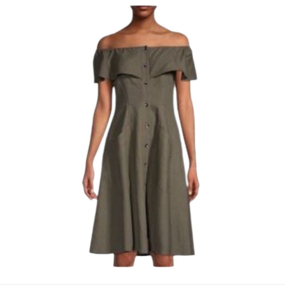 SAKS FIFTH AVE Dress 12 L Olive Linen Blend Off Shoulder Pockets Summer …
